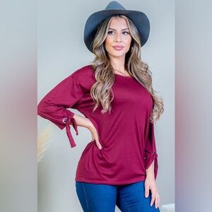 Women's Burgundy Top with Tie Sleeves